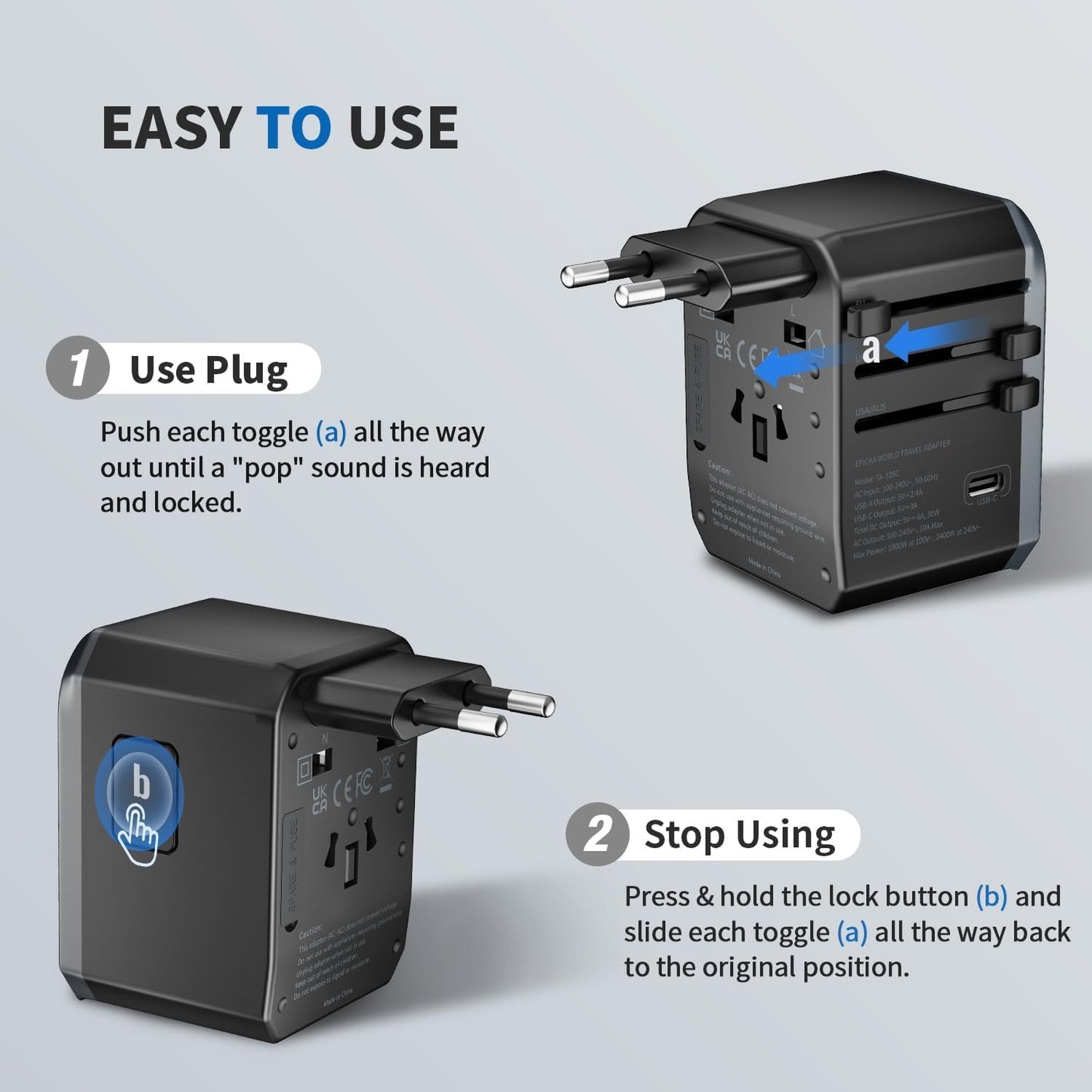Adaptador De Enchufe Universal Epicka Con 3 Puertos USB-C Y 2 Puertos USB-A