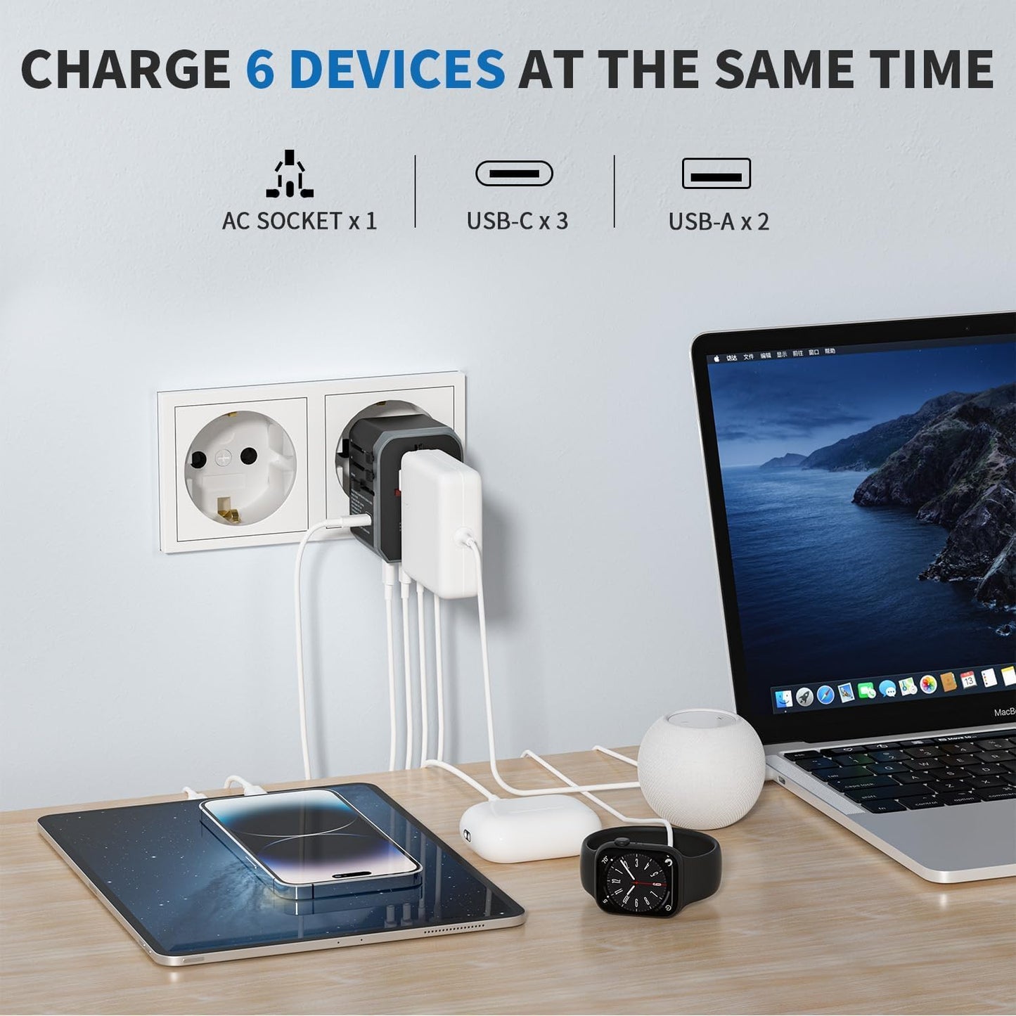 Adaptador De Enchufe Universal Epicka Con 3 Puertos USB-C Y 2 Puertos USB-A