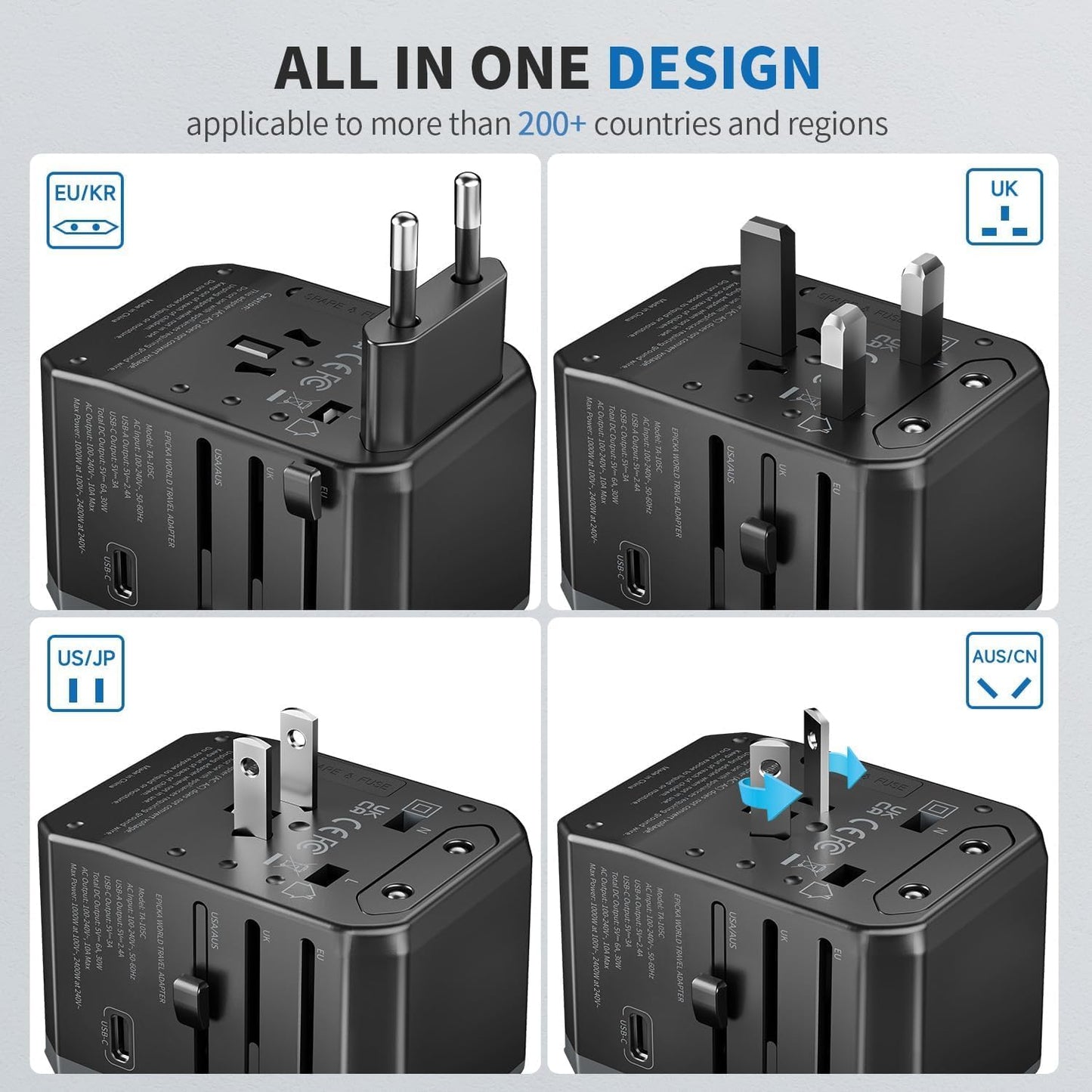 Adaptador De Enchufe Universal Epicka Con 3 Puertos USB-C Y 2 Puertos USB-A